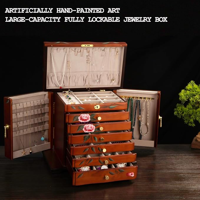 Hand-Painted Wooden Jewelry Box,jewelry boxes for women，jewlrey box&organizers with necklace hanger,jewerly organizer,10-layer large capacity jewelry storage box for jewelry