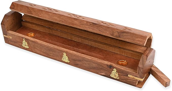 Incense Garden Pack of 2 Incense Stick Holder - Coffin Style - Wood Incense Stick Burner with Buddha Inlays (Natural) Handmade with Brass Inlays