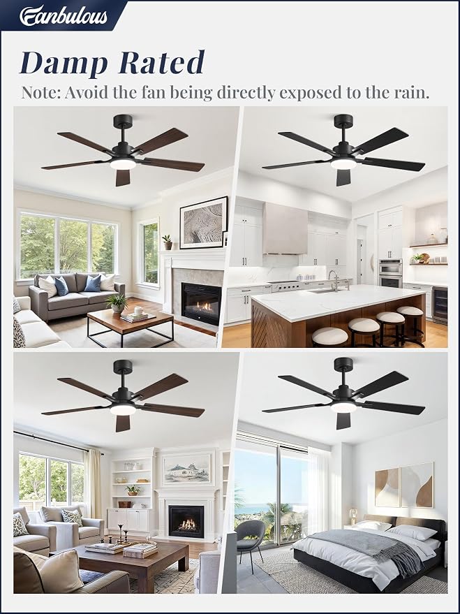 52 Inch Ceiling Fan with Light and Remote, 6 Speeds Reversible DC Motor Ceiling Fans for Bedroom Living Room Patio, 3CCT Dimmable LED, 5 Wood Blades, Downrod Mount, Sloped Ceiling Compatible