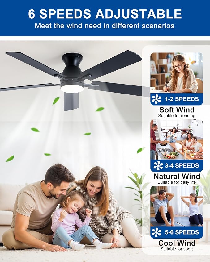 Coolwind 52in 5 Blade Black Flush Mount Dimmable Ceiling Fan | APP and Remote Control, Low Profile Bedroom Ceiling Fan with 6 Speeds & 3CCT, Quiet DC Motor for Indoor/Outdoor Use