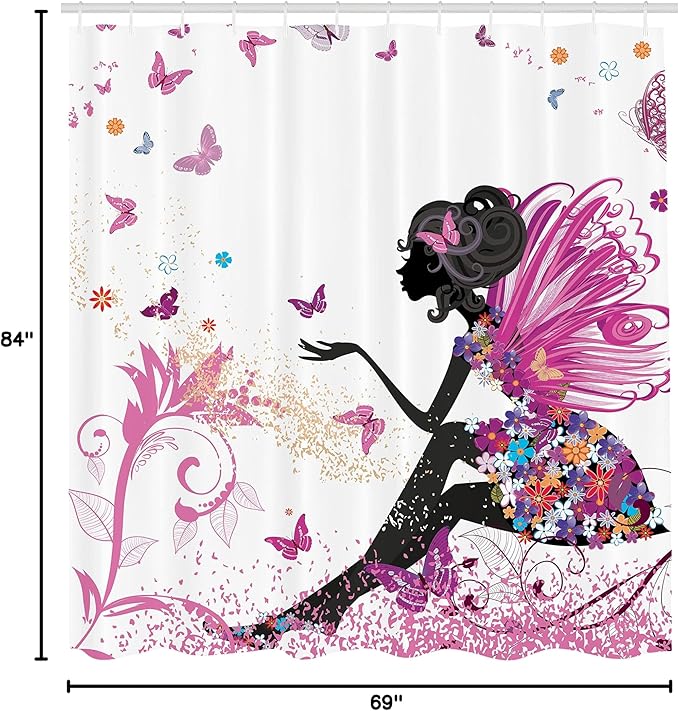 Ambesonne Fantasy Shower Curtain, Spring Girl Wings in a Floral Dress Surreal Garden Butterflies Print, Cloth Fabric Bathroom Decor Set with Hooks, 69" W x 84" L, Pastel Pink