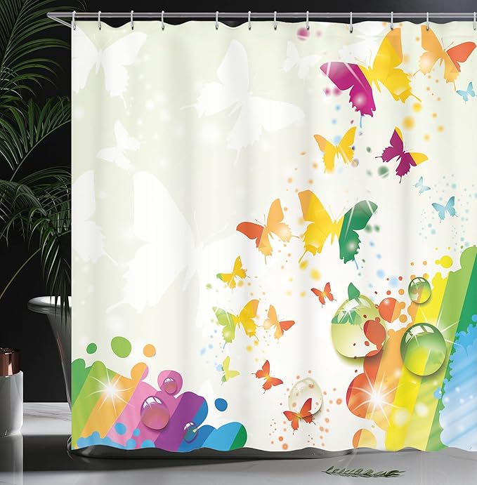 Ambesonne Colorful Shower Curtain, Silhouettes of Butterflies Freedom of The Nature Festival Art Print, Cloth Fabric Bathroom Decor Set with Hooks, 69" W x 70" L, Pale Green White Multicolor