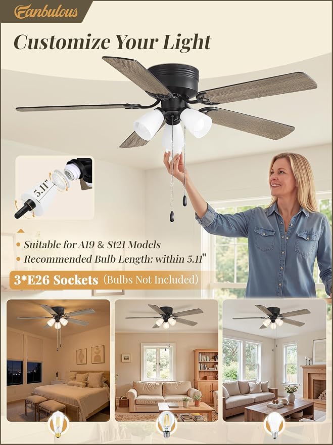 Fanbulous 52" Farmhouse Ceiling Fan with Light, Remote & Pull Chain Control | Shatterproof PP Shades, DC Quiet Motor, 6-Speed Timer, Low Profile Flush Mount for Bedroom, Living Room, Kitchen, Black