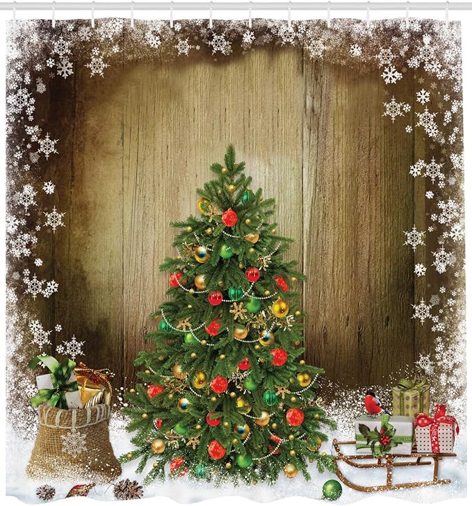 Ambesonne Christmas Shower Curtain, Pine Tree with Present Boxes on Snowy Board Xmas at Countryside Theme, Cloth Fabric Bathroom Decor Set with Hooks, 69" W x 84" L, Green White Brown