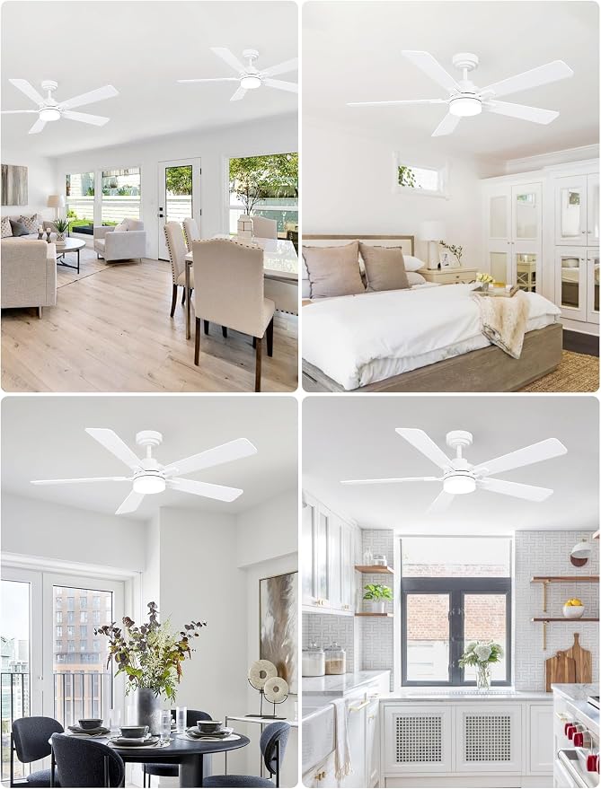 52 Inch Ceiling Fan with Lights and Remote, Downrod Mount, Sloped Ceiling Compatible up to 15°, Quiet Reversible DC Motor, 3CCT Dimmable LED, White Ceiling Fan for Bedroom Living Room