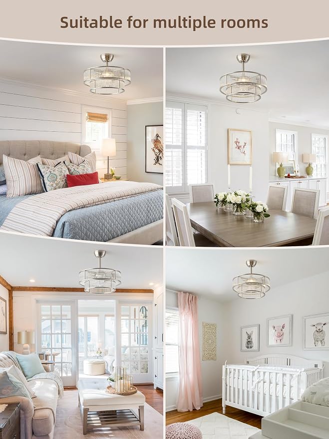 Silver Fandelier Ceiling Fans with Lights, 20" Silver Crystal Chandelier Ceiling Fan with Light Remote Control, Caged Mid Century with 6 Speeds for Bedroom, Living Room, Nursery