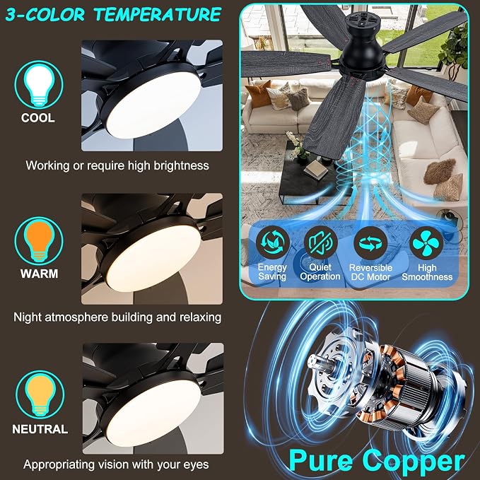 Coolwind 52 Inch Black Flush Mount Ceiling Fan with Display Remote/APP Control, Low Profile Quiet Ceiling Fan with Light, 5 Dual-Sided Blades, Dimmable, DC Reversible Motor for Bedroom, Living Room