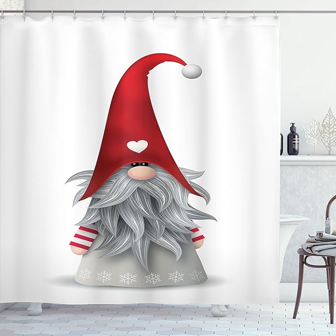 Ambesonne Gnome Shower Curtain, Nordic Tonttu Myth Finnish Creature Nisser Scandinavian Folklore Print, Cloth Fabric Bathroom Decor Set with Hooks, 69" W x 70" L, Ruby Pale Grey