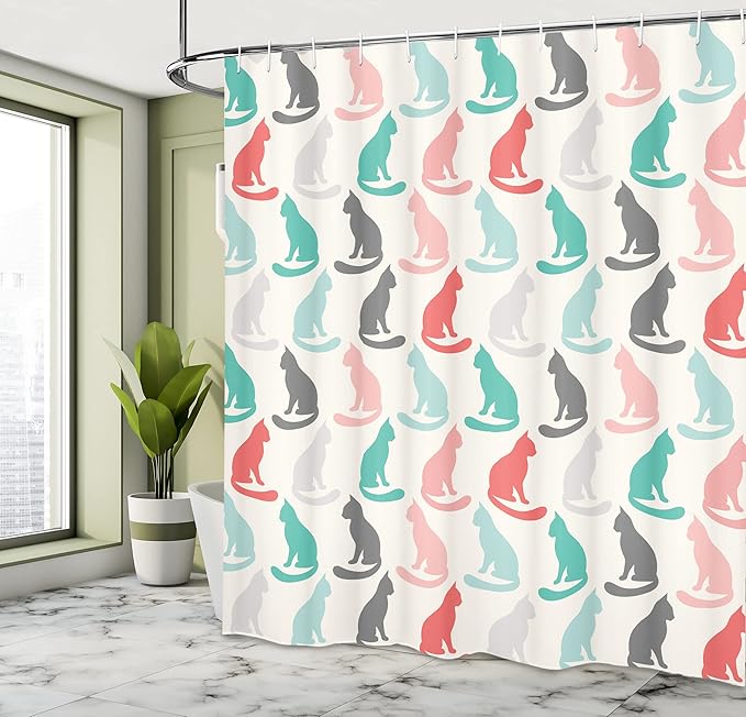 Ambesonne Cat Shower Curtain, Pattern of Sitting Cat Silhouettes Kitten Pet Repetition Simple Illustration, Cloth Fabric Bathroom Decor Set with Hooks, 69" W x 75" L, Turquoise Coral