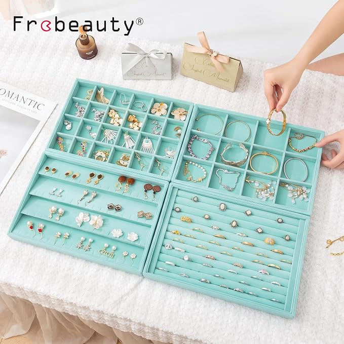 Frebeauty Jewelry Trays for Drawer,Set of 2 Jewelry Organizer and Storage | Velvet Material,Stackable,Adjustable Dividers,Drawer Inserts for Rings Studs Bracelet,Earring Organizer for Women Girls