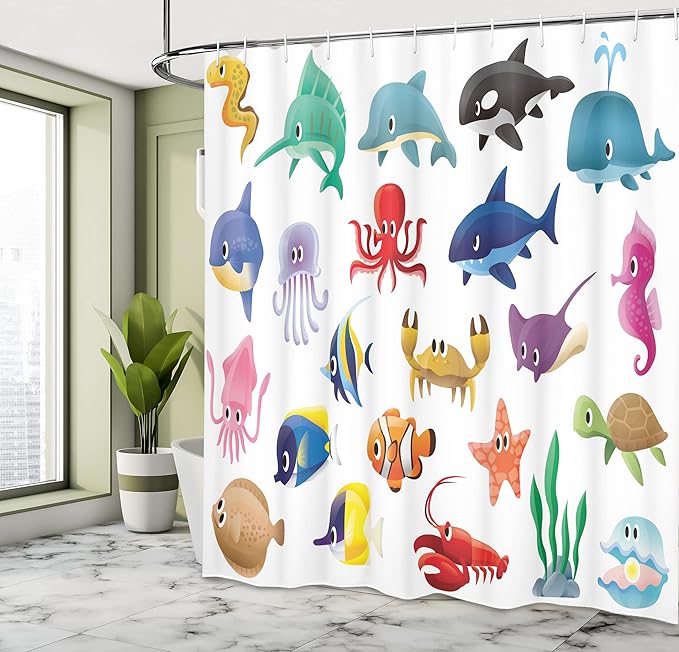 Ambesonne Whale Shower Curtain, Variety of Marine Organisms Stingray Squid Sea Star Seahorse Sailfish Lobster Artwork, Cloth Fabric Bathroom Decor Set with Hooks, 69" W x 75" L, White Multicolor