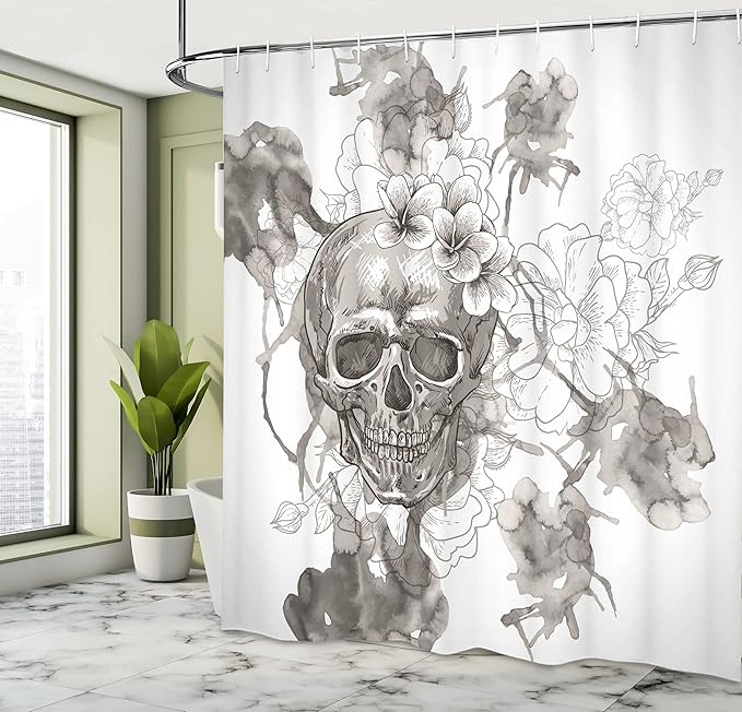 Ambesonne Day of The Dead Shower Curtain, Painting Skull Flowers Dia de Los Muertos Designed Print, Cloth Fabric Bathroom Decor Set with Hooks, 69" W x 84" L, Dimgrey and White