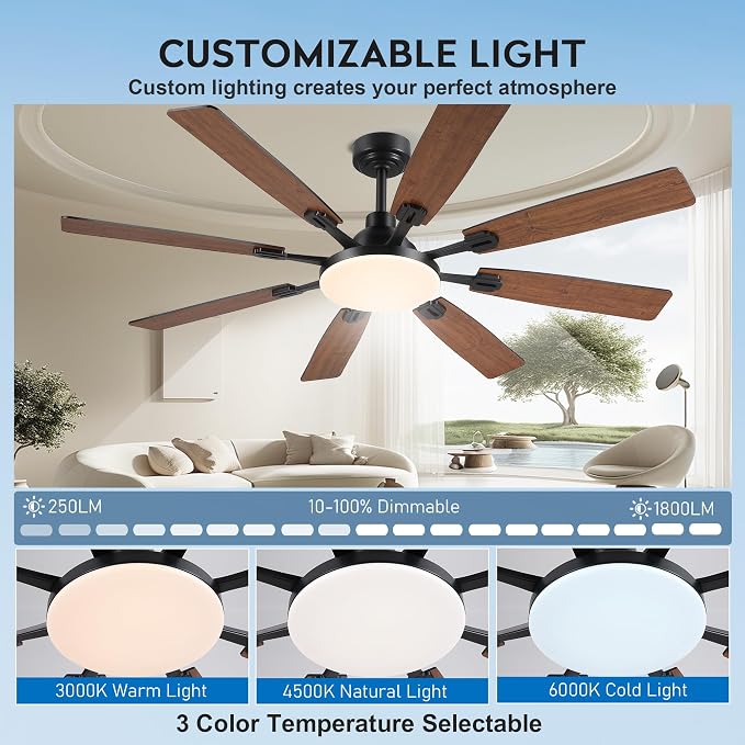JSAITEE 60In Ceiling Fans with Lights - Brown Low Profile Fan Light with 8 Blades, 6 Wind Speeds Reversible, Dimmable, Modern Light Fixture for Indoor Living Room, Kitchen, Coverd Patios
