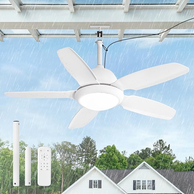 Fanbulous 42 Inch Waterproof Outdoor Ceiling Fan with Light for patio,White | IP65 Wet Rated, 3CCT Dimmable Light,Remote Control,6-Speed DC Motor, Plug-in Cord, Hanging Hook for Gazebo, Porch, Pergola.