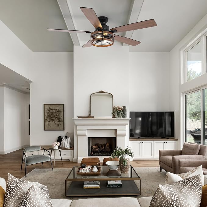 Qcyuui 52" Ceiling Fans with Lights and Remote Farmhouse Ceiling Fan with Light, 6-Speed Reversible DC Motor, Dual Finish 5 Blades, Rustic Caged Ceiling Fan for Bedroom Living Room,Black Walnut