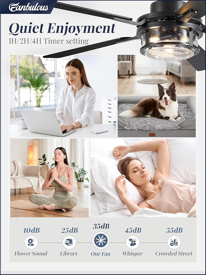 Fanbulous 52 Inch Ceiling Fan with Light and Remote,Downrod Mount Farmhouse Ceiling Fan for Bedroom, Quiet 6-Speed Reversible DC Motor, Rustic Black & Wood Finish Blades