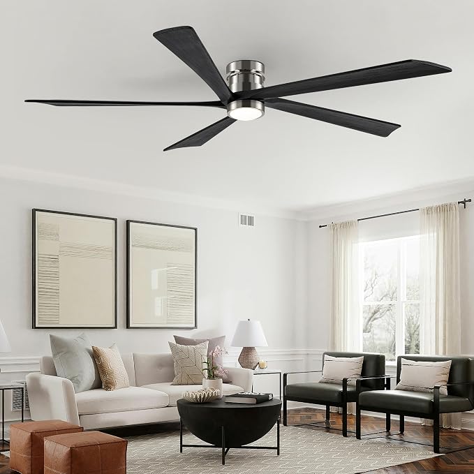 EKIZNSN 84 Inch Brushed Nickel Flush Mount Ceiling Fans with Lights for Patios, 110V Noiseless Reversible DC Motor, 6-Gear Speed (Nickel Finish with Black Blades)