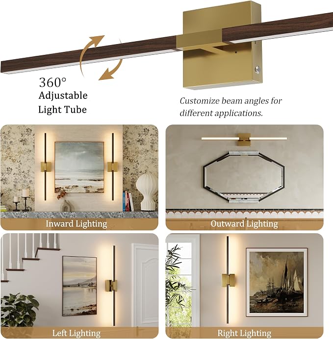 Rayogale Gold & Walnut Battery Operated Wall Sconce with Remote Control | 3000K-6000K Dimmable 8000mAh Wireless Rechargeable Wall Sconces Set of 2 with Timer for Living Room Bedroom Stairwell 32 Inch
