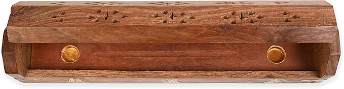 Incense Garden Pack of 2 Incense Stick Holder - Coffin Style - Wood Incense Stick Burner with Buddha Inlays (Natural) Handmade with Brass Inlays