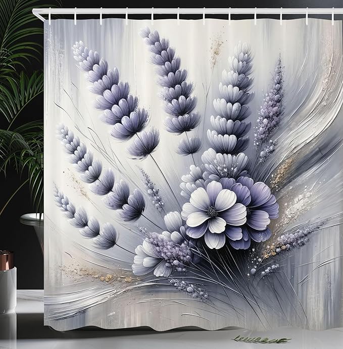 Ambesonne Lavender Shower Curtain, Gentle Illustration of Purplish Petal Floral with Oil Paint Look Backdrop, Cloth Fabric Bathroom Decor Set with Hooks, 69" W x 84" L, Ceil Blue Pale Grey