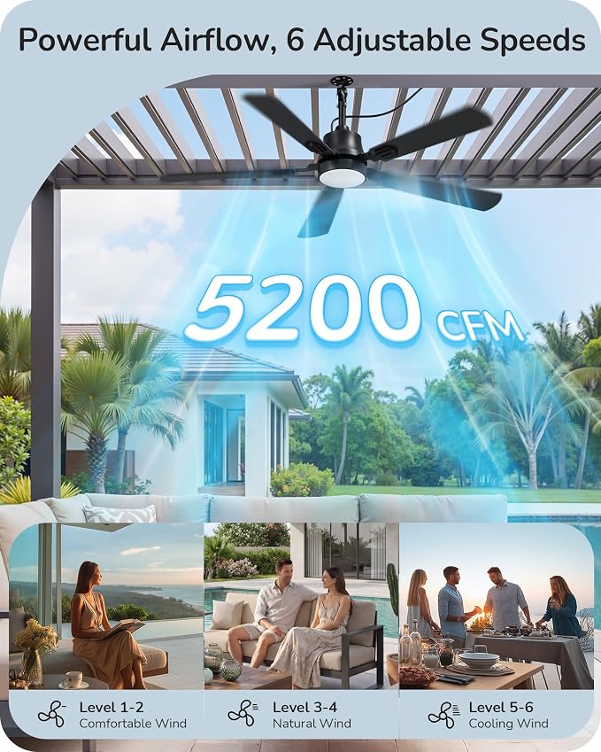 EDISHINE 52" Outdoor Ceiling Fan with Light, IP66 Waterproof Gazebo Hanging Fan, 5200 CFM, 3CCT, APP/Remote Control, 5 Wood Blade, 6-Speed Winds, Plug in Ceiling Fans for Patios Porch Pergola, Black