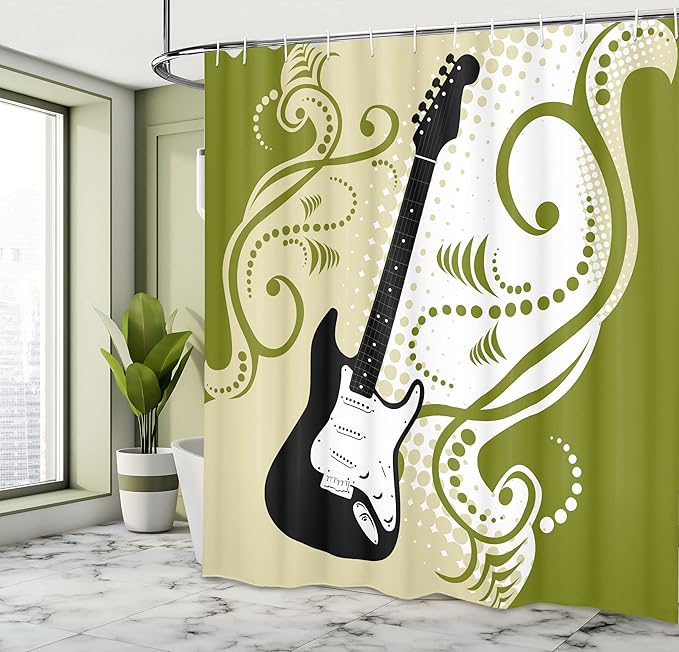 Ambesonne Music Shower Curtain, Electric Bass Guitar with Swirls Background Illustration, Cloth Fabric Bathroom Decor Set with Hooks, 69" W x 75" L, Olive Green White Black