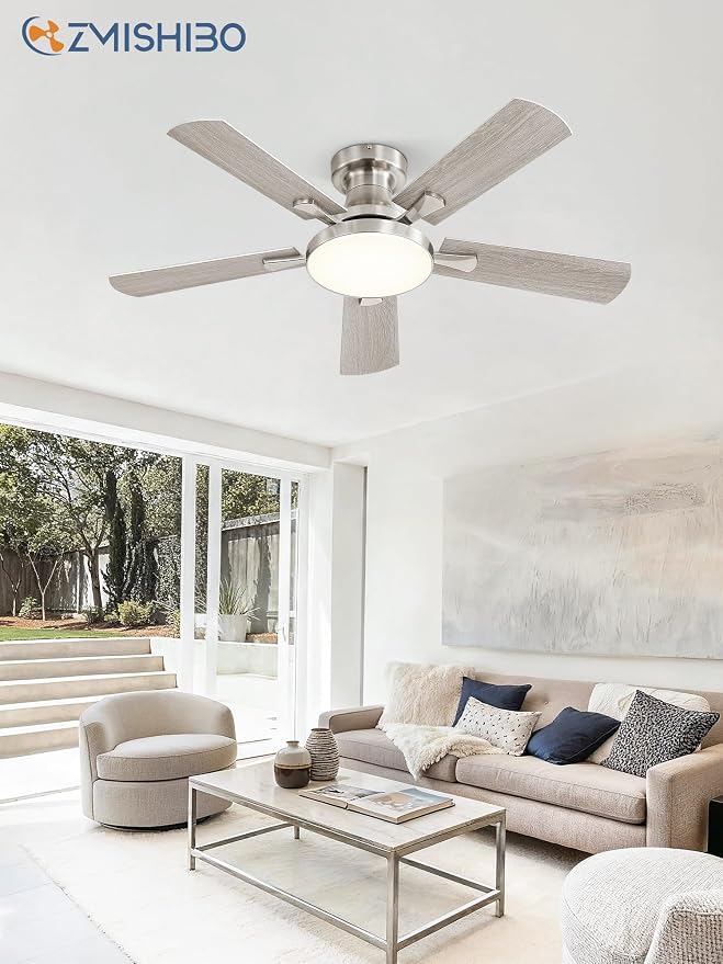 ZMISHIBO 42 Inch Ceiling Fans with Lights, Flush Mount Low Profile Ceiling Fan with 6 Speeds & 3CCT, Smart Remote&APP Control, Dimmable 24W LED Light, Quiet DC Motor for Living Room Bedroom,Nickel