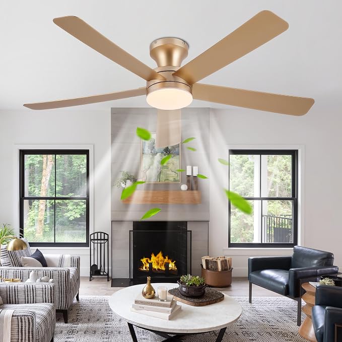 Ayaoty 46" Ceiling Fans with Lights and Remote - Flush Mount Ceiling Fan Light with ABS Blades and 3CCT Dimmable, Reversible, Low Profile Fan Light for Indoor Modern Bedroom, Kitchen Gold