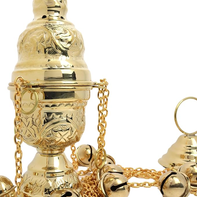 Needzo Hanging Brass Incense Burner with Bells, Gold Tone Swinging Censor, Catholic Church Supplies, 25 Inch Chains with 7" Body