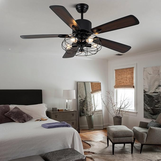 52" Industrial Farmhouse Ceiling Fan with Lights and Remote, Black Vintage Caged Fandelier Ceiling Fan with 5 Reversible Wooden Blades for Dining Room Living Room Bedroom
