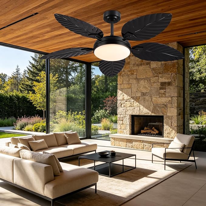 GJeg Tropical Ceiling Fans with Lights and Remote,52Inch Outdoor Palm Leaf Ceiling Fan for Patios Porch Bedroom, Dimmable LED Light, 6 Speeds, Reversible,Black