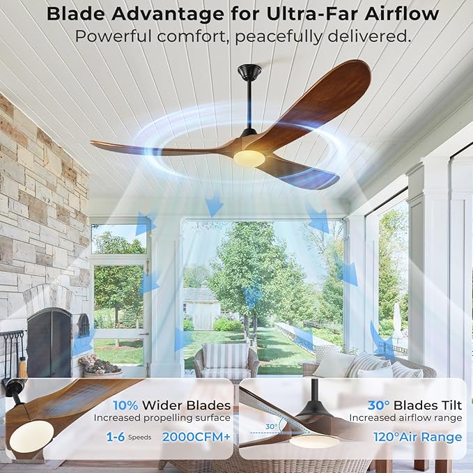 52 inch Outdoor Ceiling Fans with Lights-Glass Lamp, Smart Ceiling Fan with WIFI Alexa and App Remote Control, Damp Rated Wood Propeller Blades for Patios & Porch, 3 Blades, High CFM 6 Speed, Walnut
