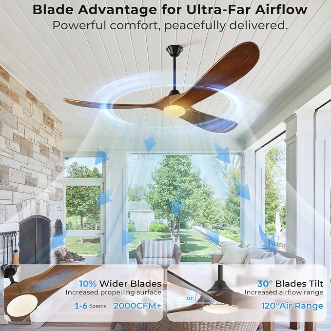 60 inch Outdoor Ceiling Fan with Light-Glass Lamp, 3 blade Wood Propeller Ceiling Fans with Lights and Remote Control for Patios, Exterior Damp Rated High CFM Ceiling Fans Modern Smart APP
