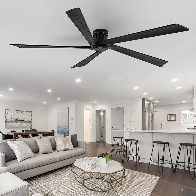 EKIZNSN 84 Inch Outdoor Low Profile Flush Mount Ceiling Fans without Lights for Patios, 110V Noiseless Reversible DC Motor, 6-Gear Speed (Black Finish with Black Blades)