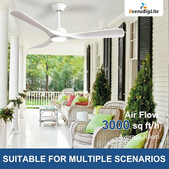 Outdoor Ceiling Fan with Light: 52 Inch 3 Blade Outdoor Fans for Patios - Modern White Ceiling Fan with Dimmable Light Remote APP Control Ultra Quiet Reversible DC Motor Timer