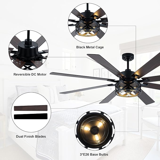 72" Farmhouse Ceiling Fan with Lights and Remote Rustic Fandelier | Black Caged Ceiling Fan Industrial Chandelier, for Living Room Garage, 3 E26 Bulbs (Not Included) Reversible DC Motor 6 Speed