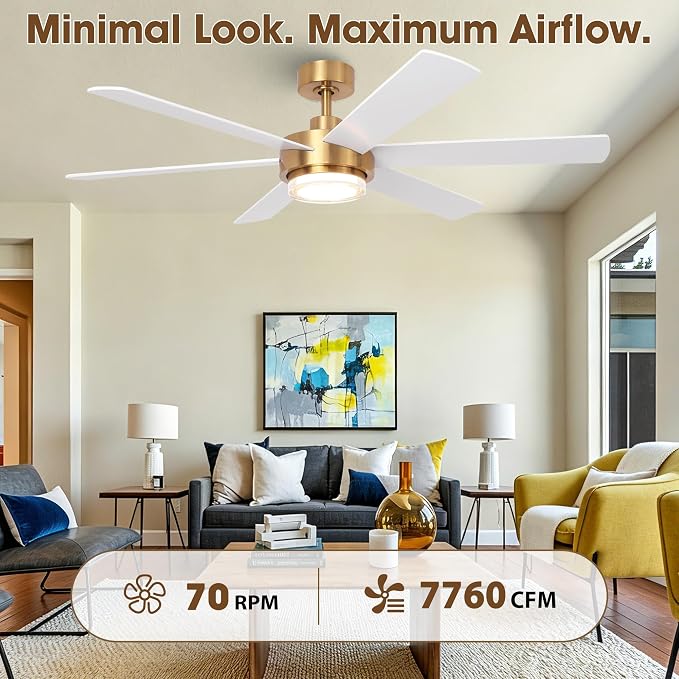 54" Gold Ceiling Fan with Lights and Remote, Modern White & Gold Ceiling Fan, Quiet DC Motor, 6-Speed Reversible Fan, Dimmable LED, Luxury Ceiling Fan for Bedroom Living Room Dining Room