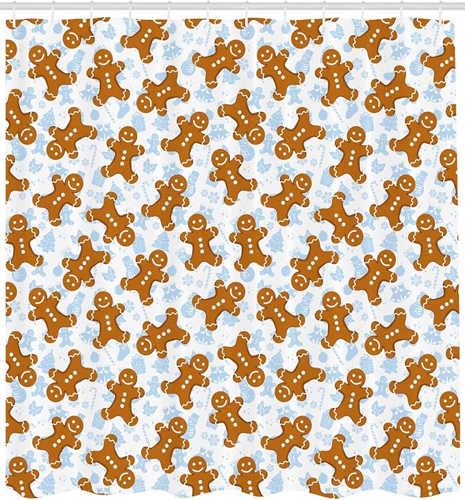Ambesonne Gingerbread Man Shower Curtain, Traditional Christmas Cookie Pattern Tile, Cloth Fabric Bathroom Decor Set with Hooks, 69" W x 84" L, Light Caramel