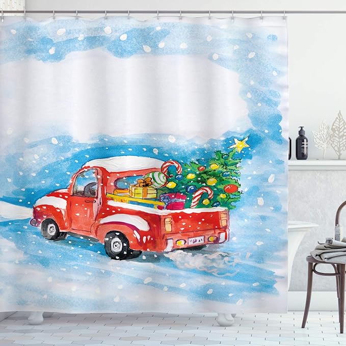 Ambesonne Christmas Shower Curtain, Cloth Fabric Bathroom Decor Set with Hooks, Snowy Winter Scene, 69" W x 70" L, Blue White Red