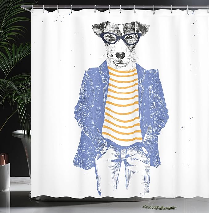 Ambesonne Quirky Shower Curtain, Hipster Jack Russell Dog Glasses Hand Drawn Sketchy Fashion Animal Fun, Cloth Fabric Bathroom Decor Set with Hooks, 69" W x 75" L, Ceil Blue