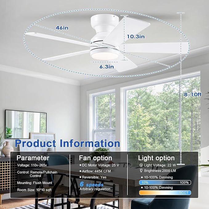 BYKISTOK 46" Flush Mount Ceiling Fan with Lights - White Modern Fan Light with Reversible Mute Motor, 3CCT Dimmable, Wind Speeds Adjustable, Low Profile Light Fixure for Indoor Use, Bedroom