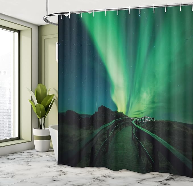 Ambesonne Aurora Borealis Shower Curtain, Wooden Bridge Solar Sky Scenic Radiant Rays Arctic Magic Scenery, Cloth Fabric Bathroom Decor Set with Hooks, 69" W x 75" L, Fern Green Dark Blue