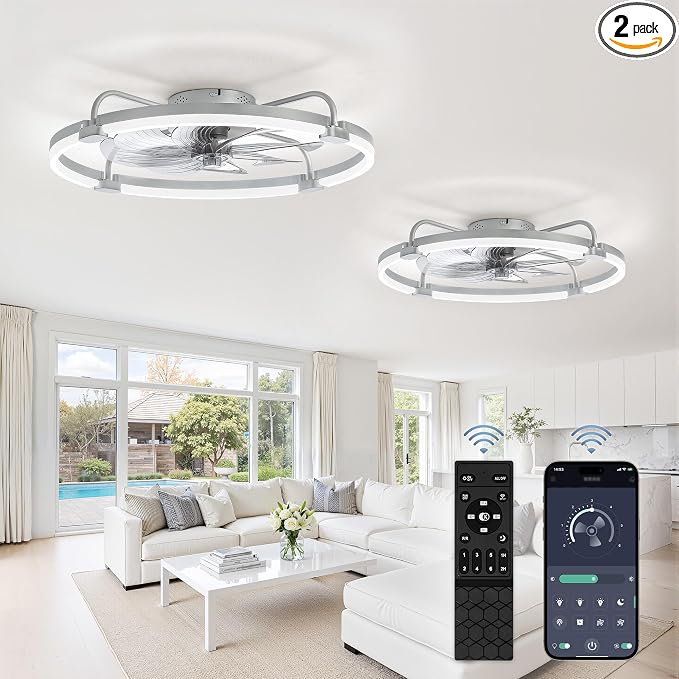 LEDIARY 2 Pack Ceiling Fans with Lights and Remote, 24'' Low Profile Ceiling Fan with Light, 3000-6000K Dimmable Fandelier LED Fan Light, 6 Wind Speeds, Grey Flush Mount Ceiling Fan for Bedroom