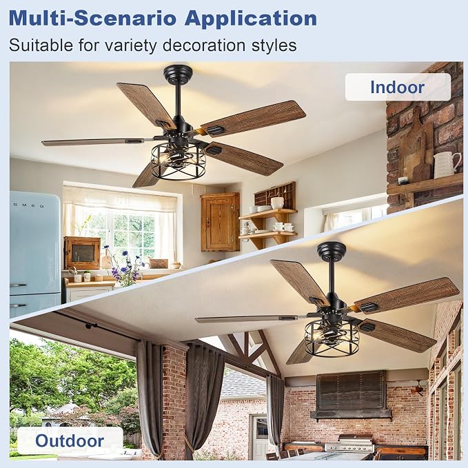 Depuley 52-Inch Ceiling Fans with Lights: Caged Ceiling Fans Dual Finish 5 Blades - Rustic Ceiling Fan with Remote Control for Farmhouse Living Room Outdoor Porch Noiseless (Black Walnut)