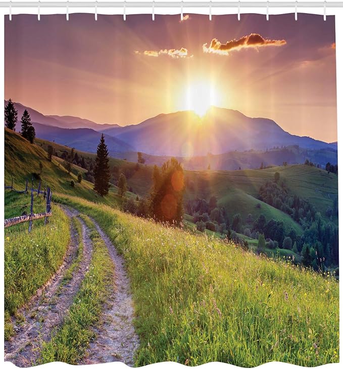 Ambesonne Landscape Shower Curtain, Sunset in The Mountain Landscape Rural Road Forest Countryside Wonderland Print, Cloth Fabric Bathroom Decor Set with Hooks, 69" W x 75" L, Purple Grey