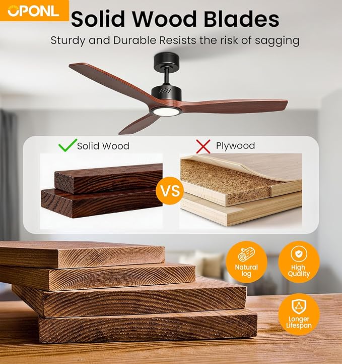 OPONL Ceiling Fan with Light, Ceiling fan with Light and Remote Control, Reversible, 6CCT, Dimmable, Noiseless, Ceiling Fan for Bedroom, Indoor/Outdoor Use, Black, 52 inch, Wood