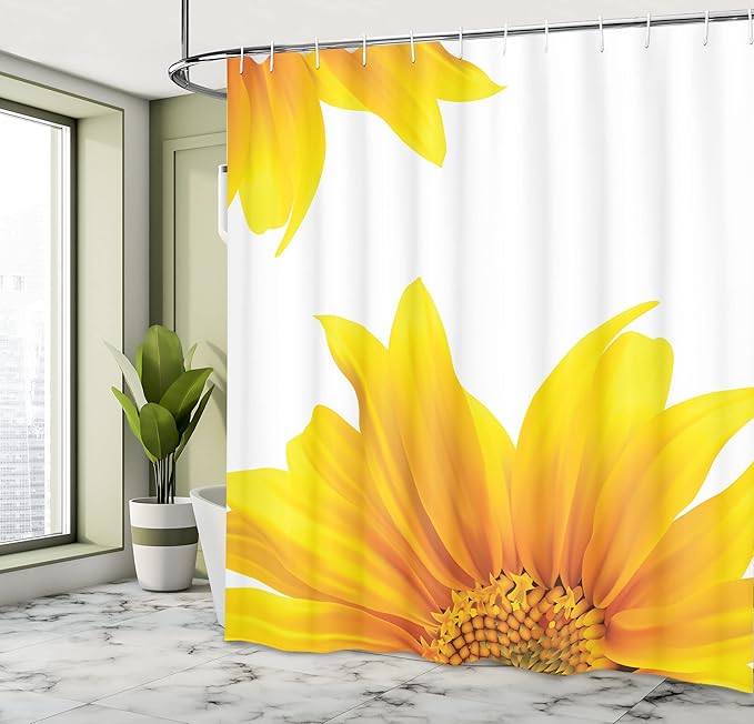 Ambesonne Yellow Shower Curtain, Flourishing Sun Flower Design Modern Vibrant Floral Summer Inspiration Art Print, Cloth Fabric Bathroom Decor Set with Hooks, 69" W x 75" L, Yellow Ivory