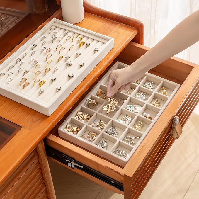 Frebeauty Jewelry Trays for Drawer,Set of 4 Jewelry Organizer and Storage | Velvet Material,Stackable,Adjustable Dividers,Drawer Inserts for Rings Studs Bracelet,Earring Organizer for Women Girls