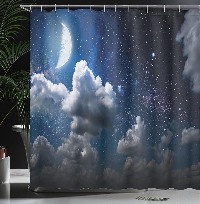 Ambesonne Clouds Shower Curtain, Celestial Solar Night Scene Stars Moon and Clouds Heaven Place in Cosmos Theme, Cloth Fabric Bathroom Decor Set with Hooks, 69" W x 70" L, Dark Night Blue Off White