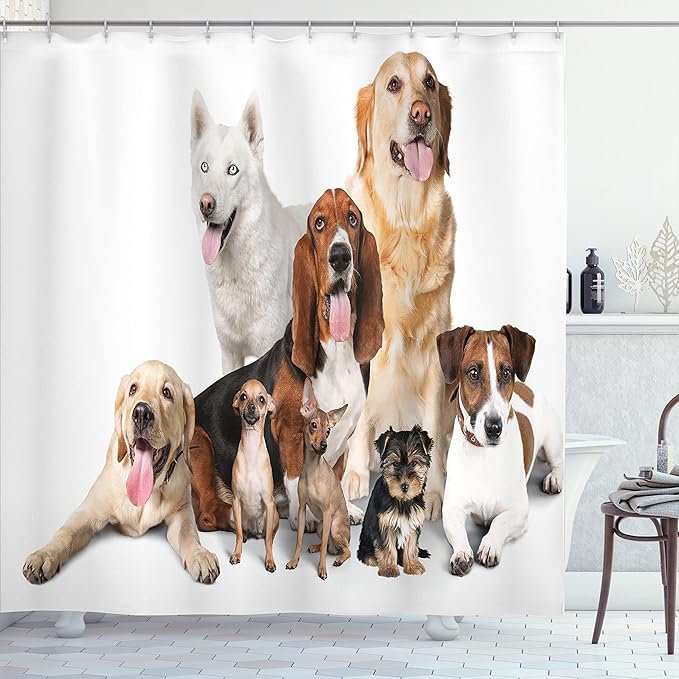 Ambesonne Dog Lover Shower Curtain, Group of Dogs Posing for Photo Shoot Portrait Togetherness Companionship Print, Cloth Fabric Bathroom Decor Set with Hooks, 69" W x 70" L, Brown Beige